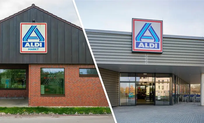 Exit les briques rouges et le toit en pente de l'ancien Aldi (à gauche), le nouvel Aldi de Wolfsburg (à droite) a un toit plat, facilitant ainsi la 