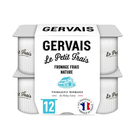 Ancien packaging des petits suisses de Danone sous la signature Gervais. 