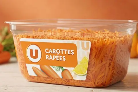 Une référence MDD de carottes râpées issues d'écarts de tri a été développée par U, en 500g pour 1,09€.